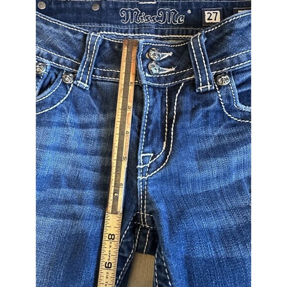 Miss Me Jeans Sz 27 Boot Rhinestone Belt Sparkle Flap Pocket Lo Rise Medium Wash - Picture 9 of 10